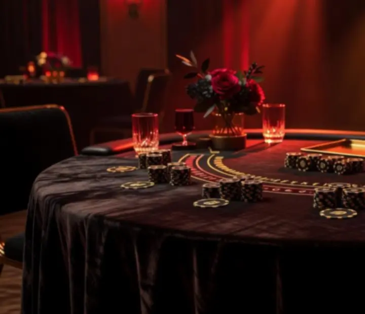Stylowe oświetlenie i dekoracje przy stole blackjack podczas wieczornego eventu