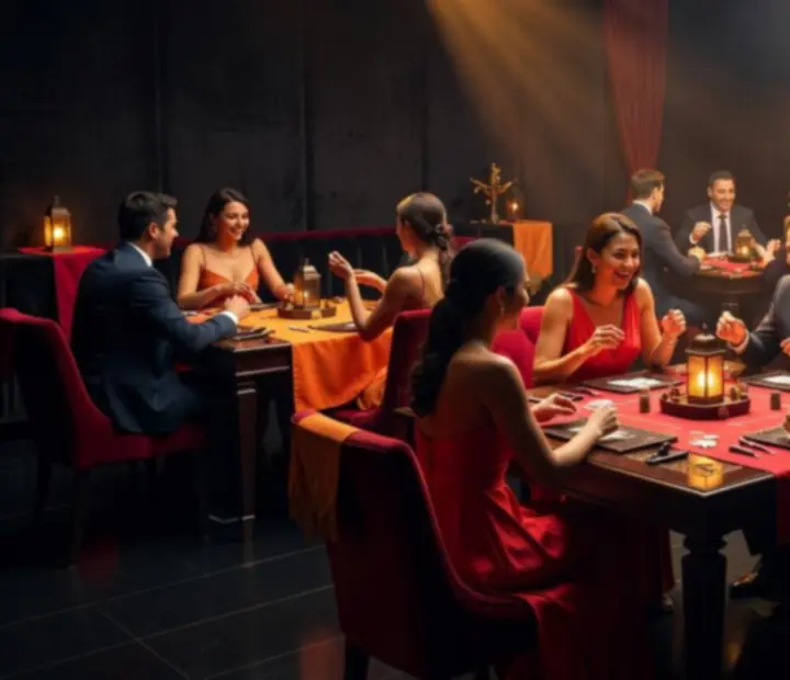 Atmosfera wieczoru z mobilną oprawą kasynową – światła, goście i eleganckie stoły