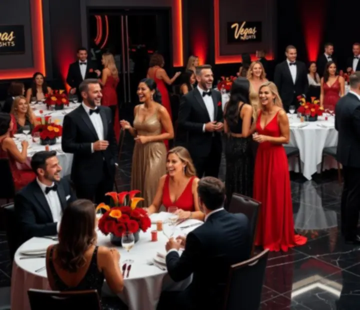 Wieczór eventowy w stylu Las Vegas z eleganckimi stołami do gier i czerwonym dywanem