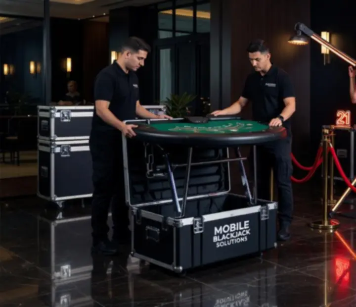 Zespół NAXSOL ENTERPRISES LTD przygotowujący mobilną strefę rozrywki blackjack na terenie klienta