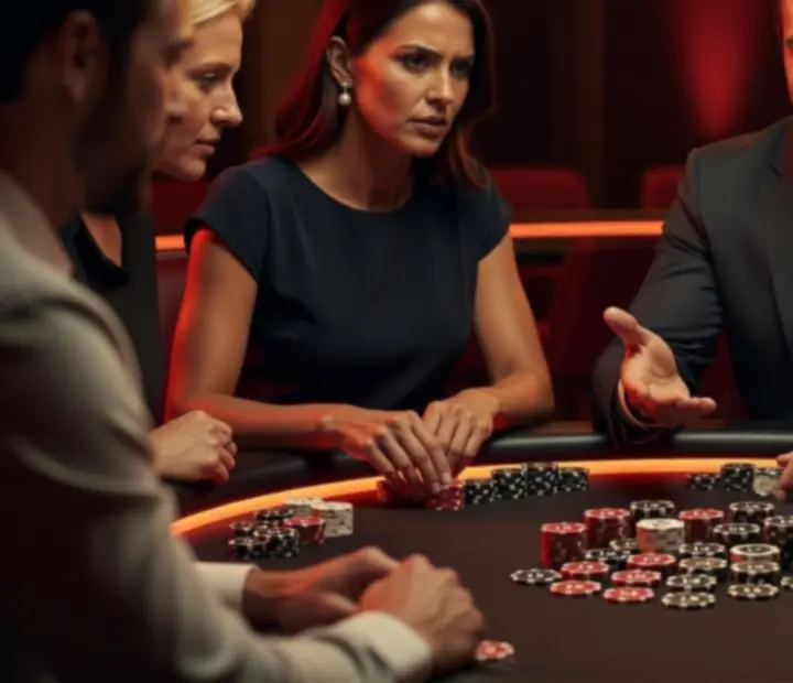 Stół pokerowy podczas wieczoru eventowego z prowadzącym i żetonami