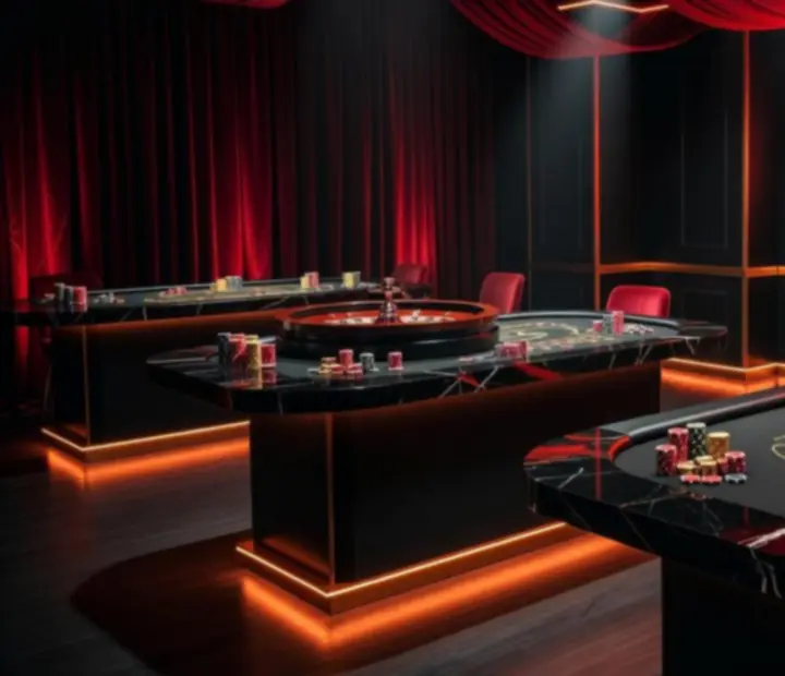 Scena eventowa w klimacie Las Vegas z tematyczną dekoracją i oświetleniem.