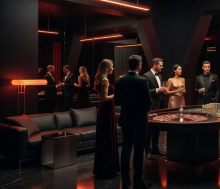 Elegancka, przyciemniona sala eventowa z oświetleniem w stylu Vegas przygotowana pod ruletkę